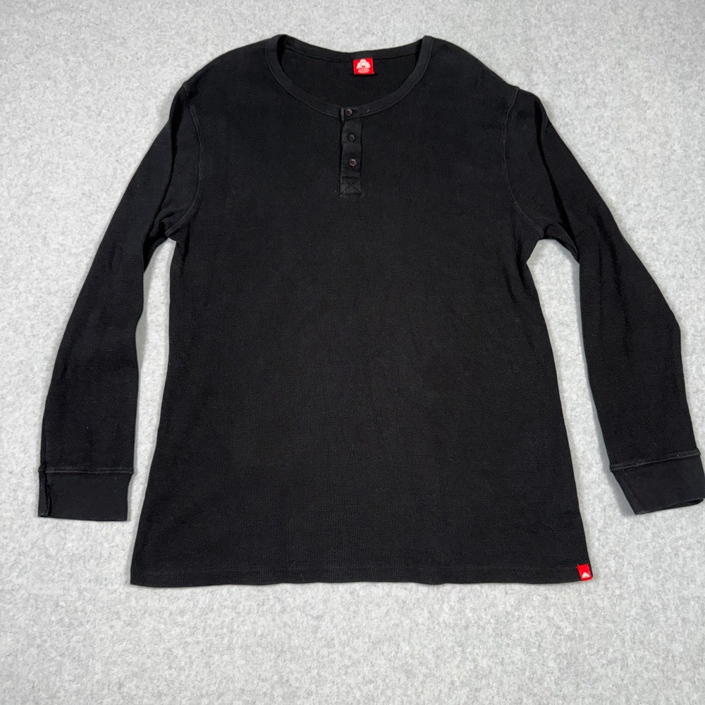 Vintage Eastern Mountain Sports XL Black Waffle Knit Henley Long Sleeve EMS